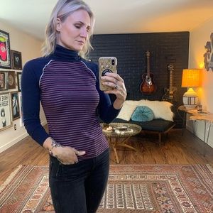 Camp Collection 70’s style raglan turtleneck top, strips and white piping